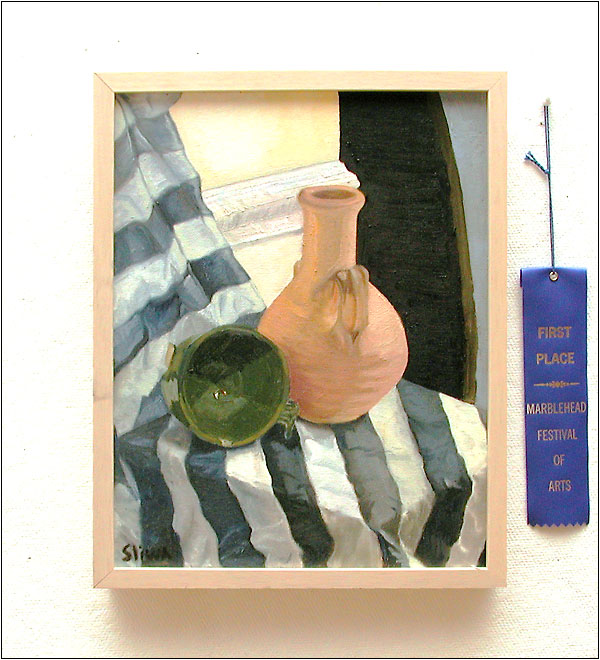 "Still Life with Green Cup," by Janie Sliwa, Acorn School of Art. Oil on Canvas.